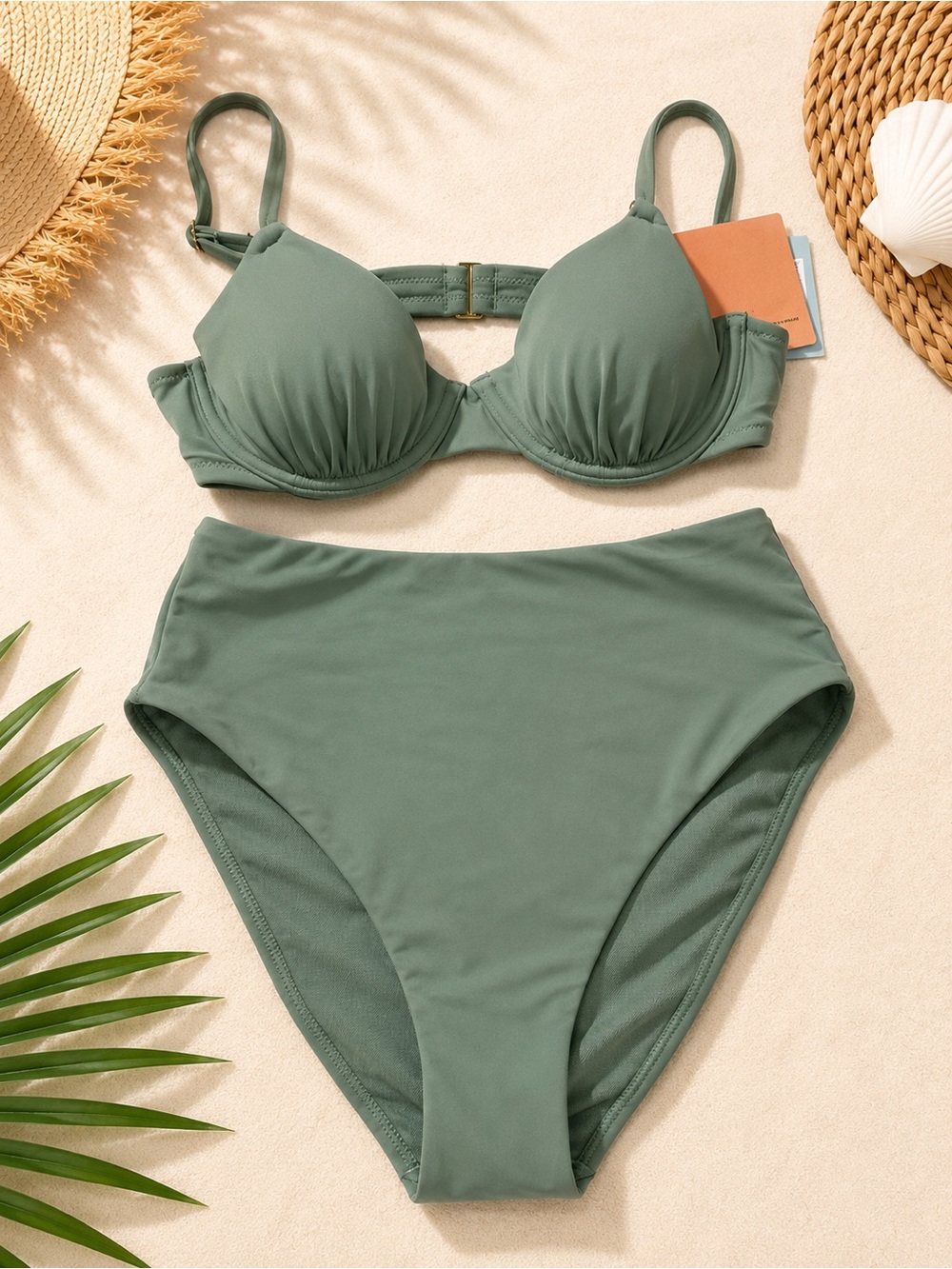 NWT Shade & Shore Sage Green Bikini Set XS Top 32B & XS High Waist Bottoms